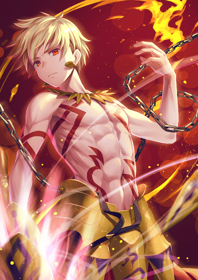 armor bangs blonde_hair chain ea_(fate/stay_night) earrings enkidu_(weapon) fate/stay_night fate_(series) faulds fire frown gilgamesh gold_armor holding holding_weapon jewelry looking_at_viewer male_focus ne-on necklace red_eyes shirtless solo tattoo toned toned_male upper_body weapon