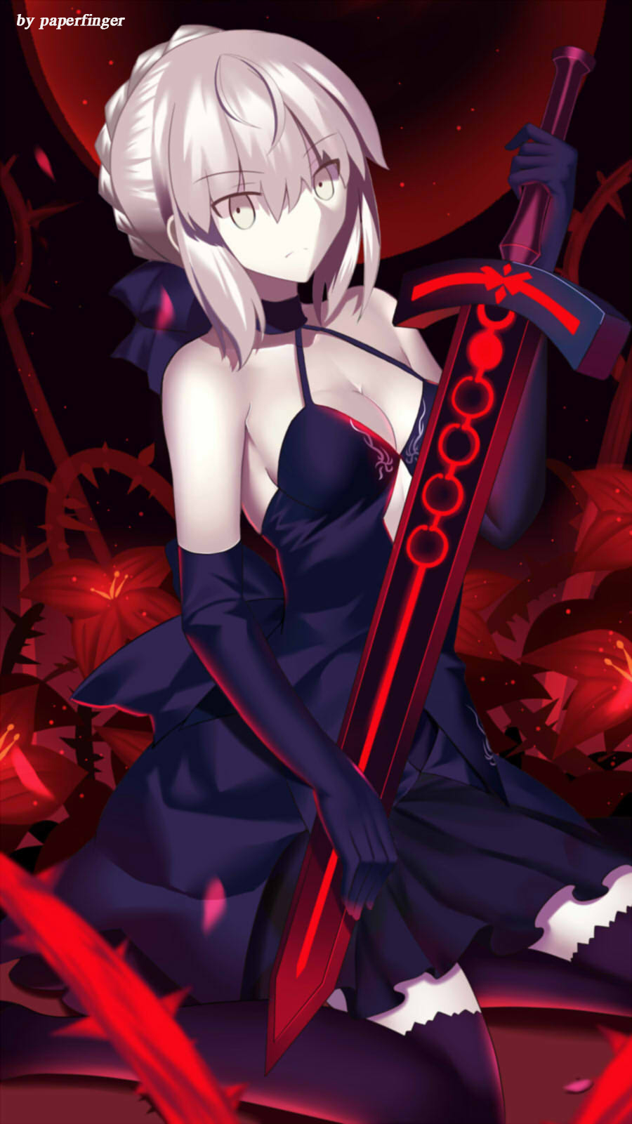 artist_name artoria_pendragon_(all) bangs black_gloves black_legwear black_skirt braid breasts cleavage closed_mouth commentary_request dark_excalibur elbow_gloves eyebrows_visible_through_hair fate/stay_night fate_(series) french_braid gloves gothic_lolita grey_eyes grey_hair highres holding holding_sword holding_weapon lolita_fashion looking_at_viewer medium_breasts official_style paperfinger petals plant saber_alter sidelocks sitting skirt solo sword thighhighs vines weapon