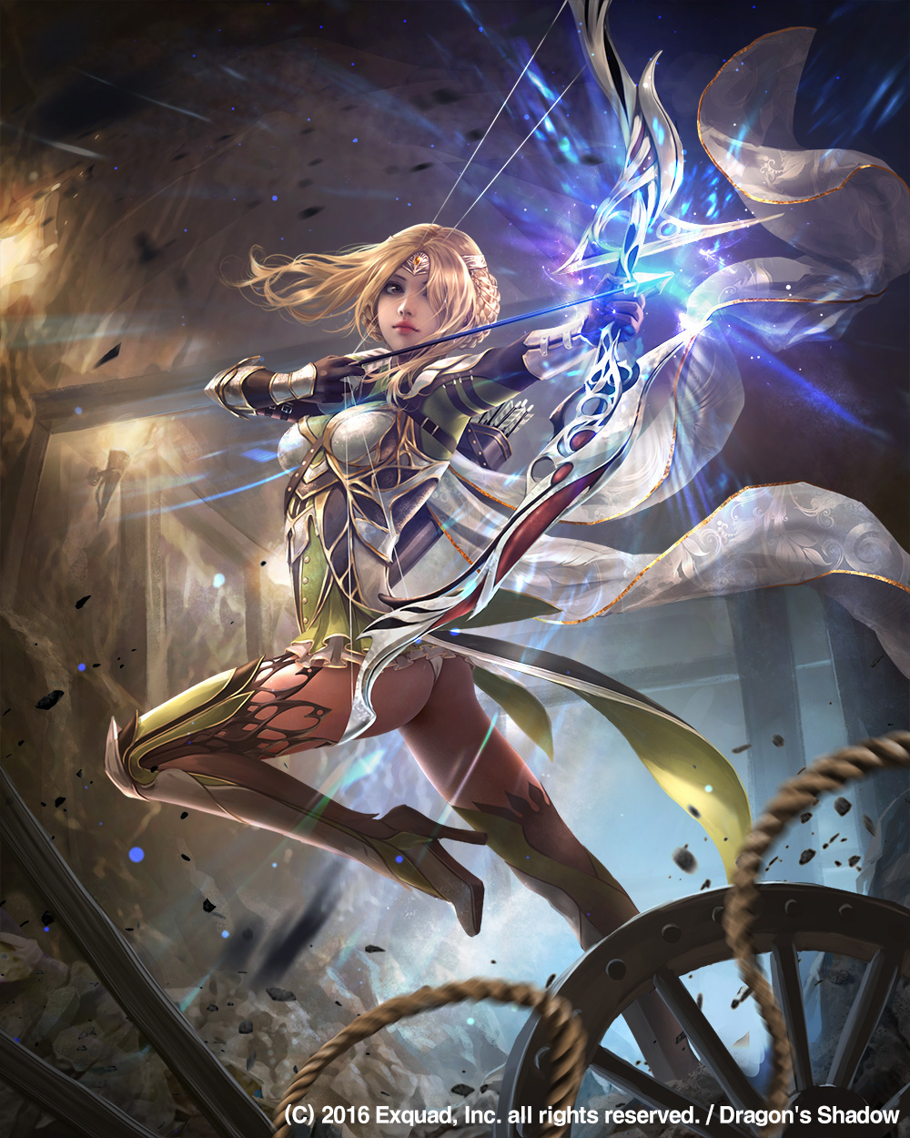 aiming arrow ass blonde_hair bow_(weapon) braid circlet copyright_name dragon's_shadow drawing_bow eudia_(serenity2200) frien_(dragon's_shadow) full_body glint glowing glowing_weapon hair_over_one_eye high_heels highres holding holding_arrow holding_bow_(weapon) holding_weapon indoors lantern mineshaft official_art outstretched_arm quiver rock rope solo standing standing_on_one_leg thighhighs weapon wheel