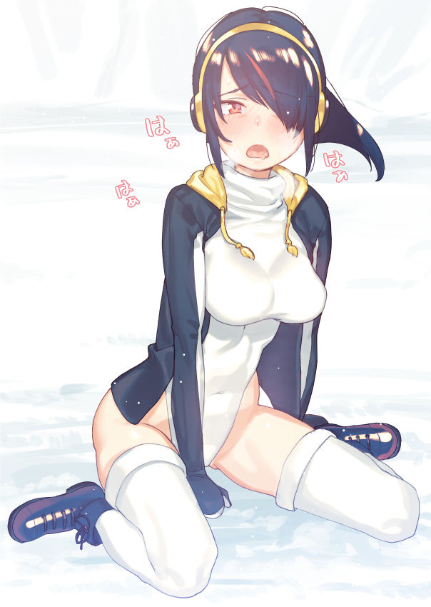 black_footwear black_hair boots brown_eyes covered_navel emperor_penguin_(kemono_friends) hair_over_one_eye headphones heavy_breathing highleg highleg_leotard hood hoodie jacket kemono_friends leotard long_hair looking_at_viewer multicolored_hair open_clothes open_mouth sitting solo subachi thighhighs wariza white_legwear white_leotard
