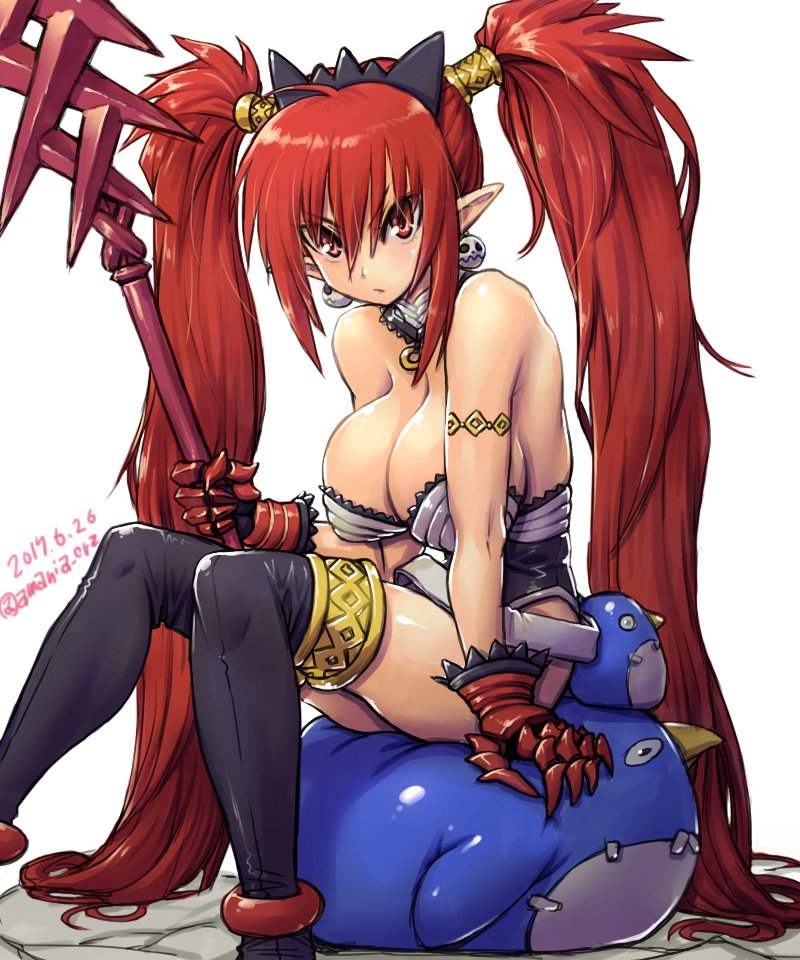 alternate_breast_size alternate_hair_length alternate_hairstyle amania_orz bare_shoulders belt black_legwear breasts check_commentary cleavage commentary commentary_request dated demon_girl disgaea earrings etna eyebrows_visible_through_hair jewelry large_breasts long_hair looking_at_viewer makai_senki_disgaea older pointy_ears prinny red_eyes red_hair shiny shiny_hair shiny_skin sitting skull skull_earrings solo staff thighhighs twintails twitter_username very_long_hair white_background wings