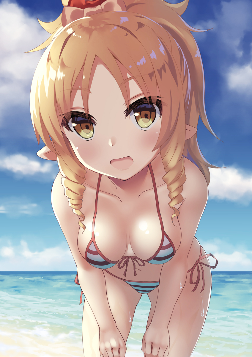 ass_visible_through_thighs bangs bare_legs bare_shoulders bent_over bikini blonde_hair bow breasts brown_eyes cloud cowboy_shot day drill_hair eromanga_sensei front-tie_bikini front-tie_top hair_bow halter_top halterneck highres long_hair looking_at_viewer open_mouth outdoors parted_bangs pointy_ears ponytail shiny shiny_hair sideboob small_breasts solo striped striped_bikini sweat swimsuit tsukimizu_(ordeal) twin_drills water yamada_elf