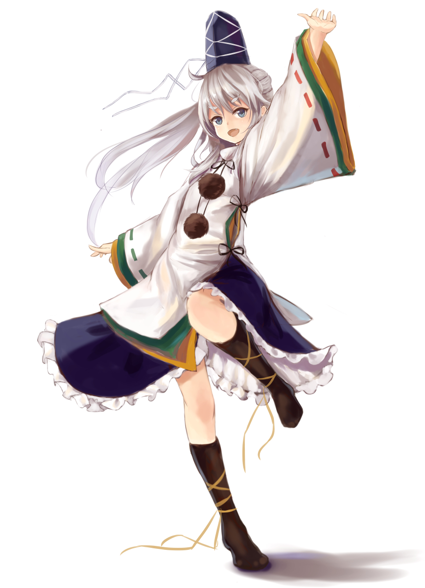 arm_up bangs black_legwear black_ribbon blue_skirt eyebrows_visible_through_hair fang full_body hat highres japanese_clothes kariginu long_hair long_sleeves looking_at_viewer mononobe_no_futo open_mouth pom_pom_(clothes) ponytail ribbon silver_eyes silver_hair simple_background skirt smile solo standing standing_on_one_leg tate_eboshi thick_eyebrows touhou white_background wide_sleeves yukitourou
