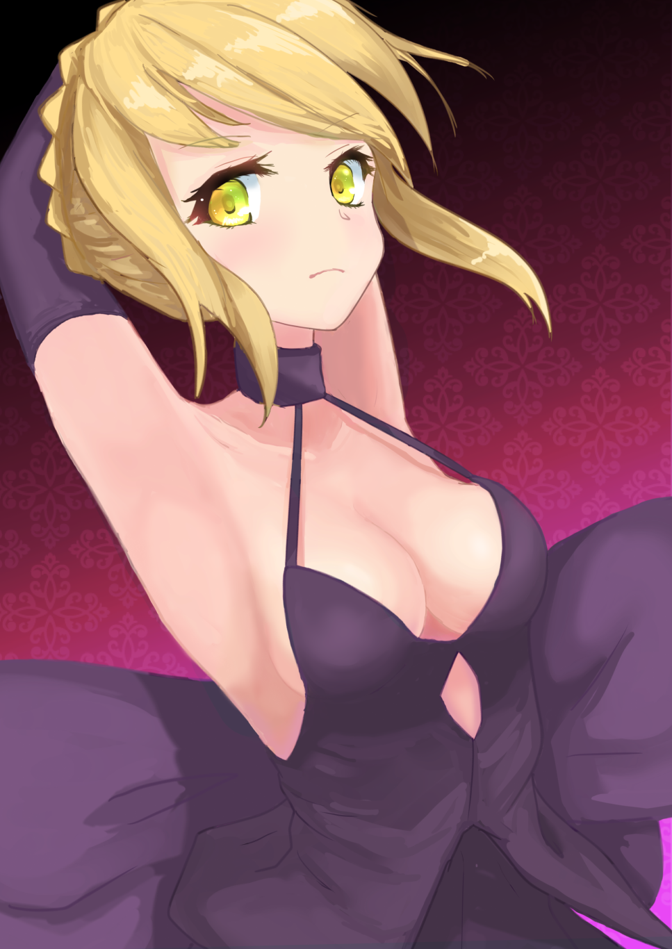 armpits arms_behind_head artoria_pendragon_(all) blonde_hair blush breasts cleavage closed_mouth commentary_request dutch_angle expressionless eyebrows eyebrows_visible_through_hair fate/stay_night fate_(series) highres looking_at_viewer medium_breasts saber_alter short_hair solo strap_gap yellow_eyes yuuki_suikou