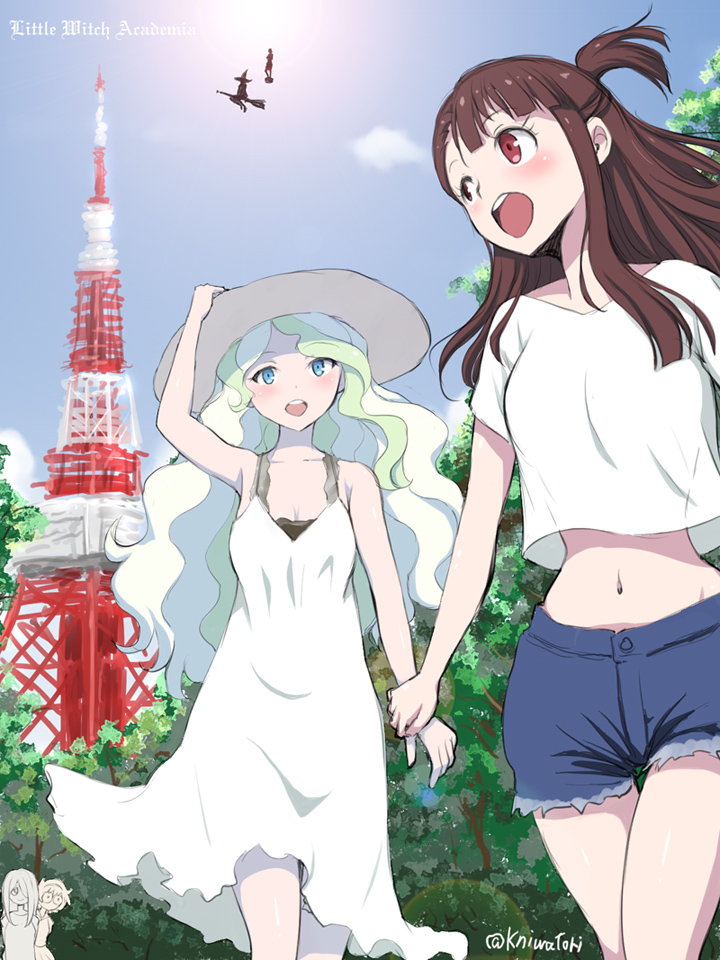 :d alternate_costume bare_shoulders blue_sky blush breasts brown_hair casual cleavage commentary_request croix_meridies day denim denim_shorts diana_cavendish dress hand_on_headwear hat kagari_atsuko little_witch_academia long_hair lotte_jansson midriff multiple_girls navel niwatori_kokezou open_mouth red_eyes shirt shorts sketch sky sleeveless sleeveless_dress small_breasts smile sucy_manbavaran sun sun_hat sundress tokyo_tower tree ursula_charistes white_dress white_hair white_shirt witch yuri