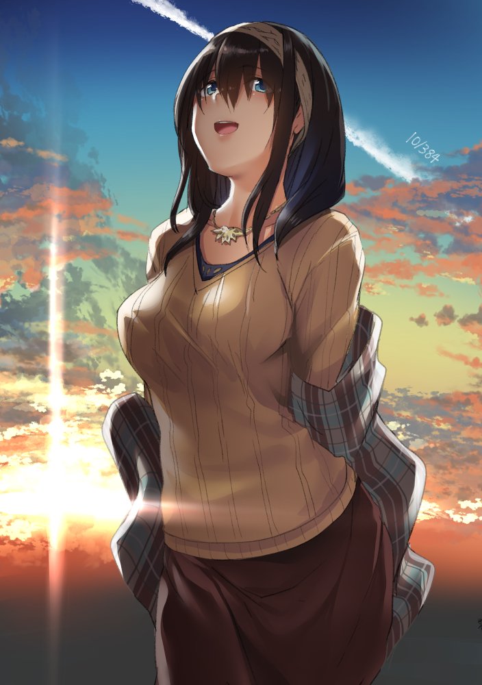 :d bangs black_hair blue_eyes breasts cloud cloudy_sky commentary_request condensation_trail eyebrows_visible_through_hair hairband idolmaster idolmaster_cinderella_girls jewelry long_hair medium_breasts necklace nohito open_mouth ribbed_sweater sagisawa_fumika shawl skirt sky smile solo sunset sweater