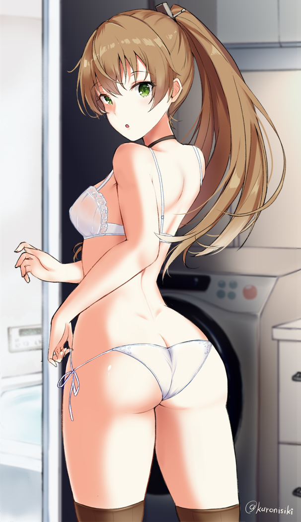 ass bra breasts brown_hair hair_ornament hairclip high_ponytail kantai_collection kumano_(kantai_collection) long_hair looking_back medium_breasts panties side-tie_panties solo standing takaharu thighhighs underwear underwear_only washing_machine white_bra white_panties