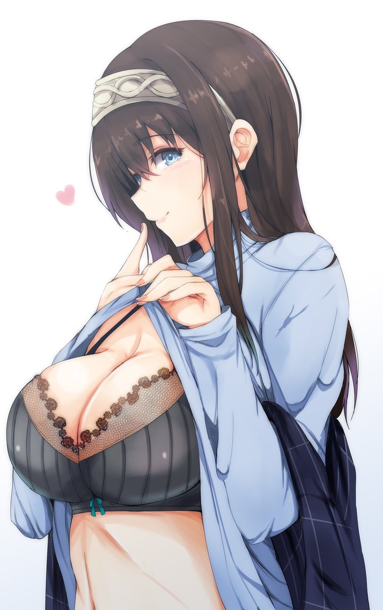 bangs black_bra black_hair blue_eyes blue_sweater blush bra breasts cleavage commentary_request eyebrows_visible_through_hair finger_to_mouth floral_print hair_between_eyes hairband heart highres idolmaster idolmaster_cinderella_girls lace large_breasts lifted_by_self long_hair looking_at_viewer looking_to_the_side nail_polish rose_print ryuu. sagisawa_fumika shawl shirt_lift simple_background smile solo sweater turtleneck turtleneck_sweater underwear white_background
