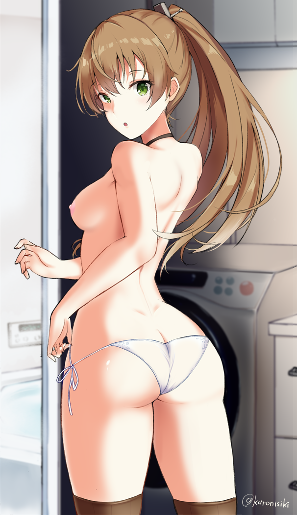ass breasts brown_hair hair_ornament hairclip high_ponytail kantai_collection kumano_(kantai_collection) long_hair looking_back medium_breasts nipples panties side-tie_panties solo standing takaharu thighhighs topless underwear underwear_only washing_machine white_panties