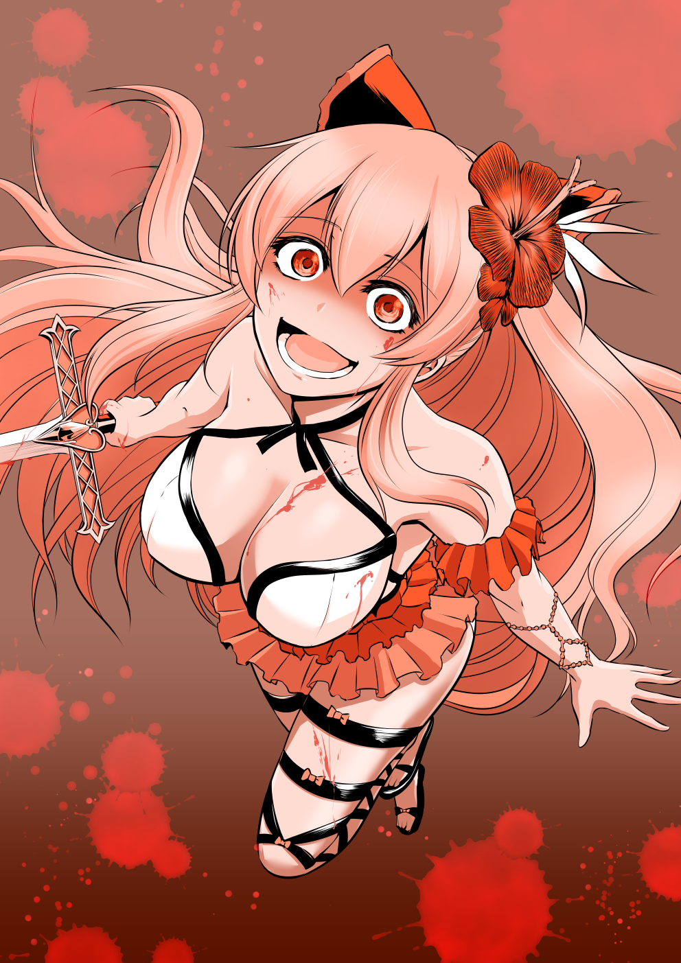 :d armpits arms_at_sides bare_shoulders bikini blood blood_on_face blood_splatter bow breasts cleavage collarbone commentary_request crazy_eyes flower frilled_bikini frills from_above granblue_fantasy hair_between_eyes hair_bow hair_flower hair_ornament hibiscus highres holding holding_sword holding_weapon kanno_takanori large_breasts long_hair looking_at_viewer looking_up open_mouth pink_hair red_bow red_eyes sidelocks smile solo swimsuit sword very_long_hair vira_lilie weapon wide-eyed yandere