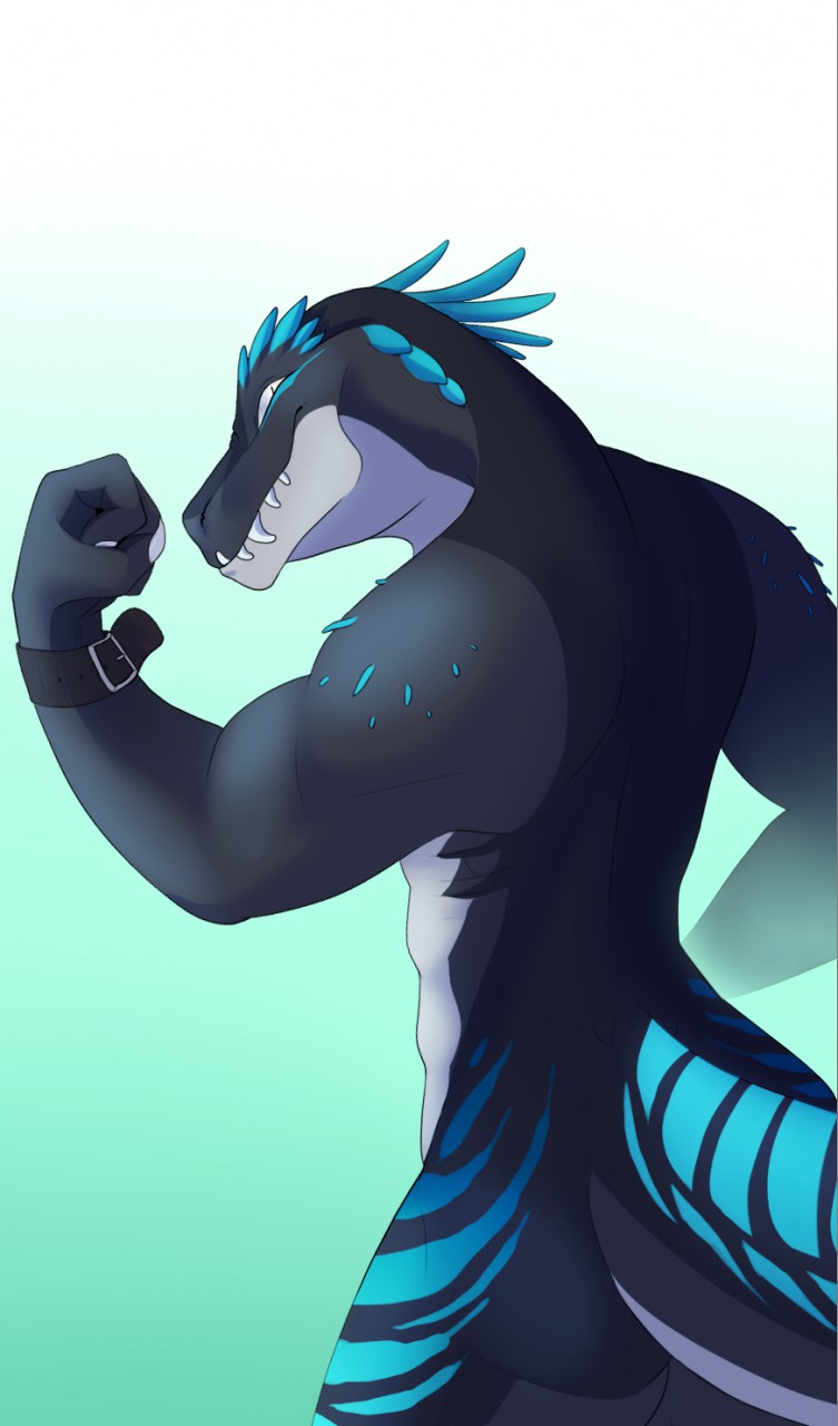 abs anthro ape belt biceps blue_skin butt claws crocodile crocodilian flexing gorilla grin horn hybrid invalid_tag lizard looking_at_viewer male mammal markings muscular pose primate reptile scalie simple_background smile solo standing stripes teeth wristband