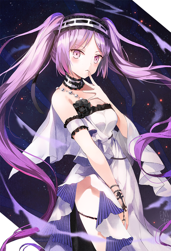 arm_garter artist_name bad_id bad_pixiv_id bare_arms bare_shoulders bonnet bracelet breasts choker cowboy_shot dress euryale fate/hollow_ataraxia fate_(series) finger_to_mouth frilled_choker frilled_dress frilled_hairband frills hairband hand_on_own_chest jewelry lolita_hairband long_hair looking_at_viewer purple_eyes purple_hair sleeveless sleeveless_dress small_breasts solo twintails very_long_hair white_dress yumaomi