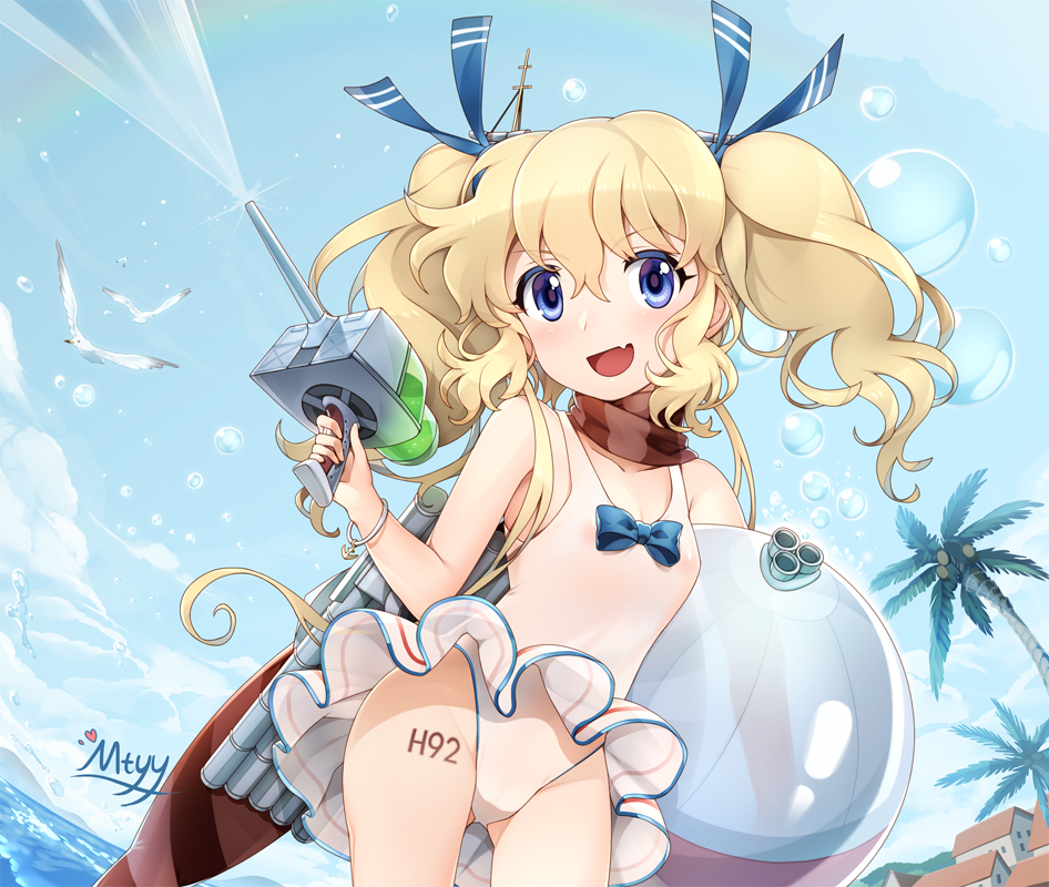 alternate_costume anchor_symbol artist_name ball bare_shoulders bird blonde_hair blue_bow blue_eyes blue_ribbon blue_sky bow bracelet bubble building carrying_under_arm casual_one-piece_swimsuit cloud coconut_tree collarbone cowboy_shot curly_hair day fang fishing frilled_swimsuit frills glowworm_(zhan_jian_shao_nyu) hair_between_eyes hair_over_shoulder hair_ribbon hand_up holding holding_ball jewelry looking_at_viewer mtyy ocean one-piece_swimsuit open_mouth outdoors palm_tree red_scarf ribbon scarf seagull see-through short_twintails sky smile solo spraying striped striped_ribbon striped_scarf sunlight swimsuit torpedo translucent transparent tree twintails water_gun white_swimsuit zhan_jian_shao_nyu
