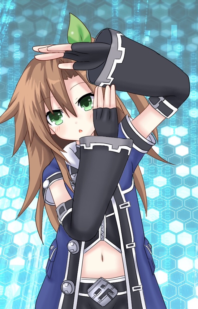 belt_buckle blush bow brown_hair buckle detached_sleeves fingerless_gloves g.g._shou gloves green_eyes hair_bow hair_ornament honeycomb_(pattern) honeycomb_background if_(choujigen_game_neptune) long_hair looking_at_viewer midriff navel neptune_(series) one_side_up open_mouth ribbon solo