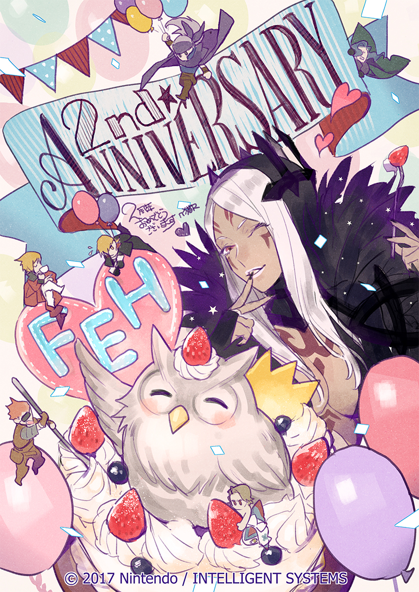 1girl 6+boys aless_(fire_emblem) anniversary balloon bird blonde_hair breasts bridal_gauntlets cake cape cleavage company_name copyright_name dark_skin eltoshan_(fire_emblem) facial_mark father_and_son feather_trim feh_(fire_emblem_heroes) fingernails fire_emblem fire_emblem:_kakusei fire_emblem:_rekka_no_ken fire_emblem:_seisen_no_keifu fire_emblem_echoes:_mou_hitori_no_eiyuuou fire_emblem_heroes fire_emblem_if food fork fruit heart highres holding holding_fork inverse_(fire_emblem) large_breasts legault long_fingernails long_hair marks_(fire_emblem_if) multiple_boys nintendo official_art one_eye_closed owl p-nekor parted_lips red_hair savor short_hair signature silver_hair sitting strawberry v valter