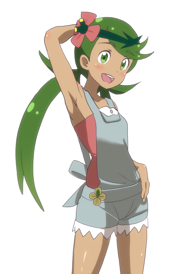 :d arm_up armpits bangs bare_shoulders blush breasts cowboy_shot dark_skin eyebrows_visible_through_hair flower green_eyes green_hair hair_flower hair_ornament hand_behind_head hand_on_hip long_hair looking_at_viewer mao_(pokemon) open_mouth overalls pink_shirt pocket pokemon pokemon_(game) pokemon_sm shirogane_(seemee) shirt simple_background sleeveless sleeveless_shirt small_breasts smile solo standing strapless swept_bangs trial_captain tubetop twintails white_background