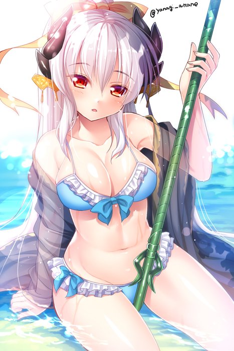 arm_support bangs bikini blue_bikini bow bow_bikini breasts cleavage collarbone day dragon_horns eyebrows_visible_through_hair fate/grand_order fate_(series) frilled_bikini frills groin hair_bow hair_ornament holding holding_weapon horns kiyohime_(fate/grand_order) kiyohime_(swimsuit_lancer)_(fate) lance long_hair looking_at_viewer medium_breasts navel outdoors parted_lips polearm ponytail red_eyes see-through shawl sitting solo swimsuit twitter_username water weapon wet white_hair yanagi_akane_(yousei_kinoko) yellow_bow