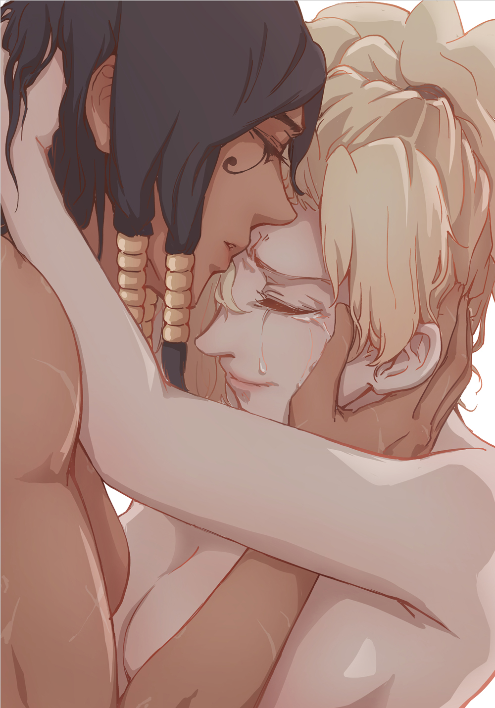bangs black_hair blonde_hair breasts closed_eyes crying dark_skin eye_of_horus eyelashes facial_mark facial_tattoo forehead_kiss furrowed_eyebrows hair_ornament hair_tubes hand_in_another's_hair hand_on_another's_face highres hug kino_(357652722) kiss long_hair medium_breasts medium_hair mercy_(overwatch) multiple_girls nude overwatch parted_lips pharah_(overwatch) pink_lips pursed_lips scar tattoo tears yuri