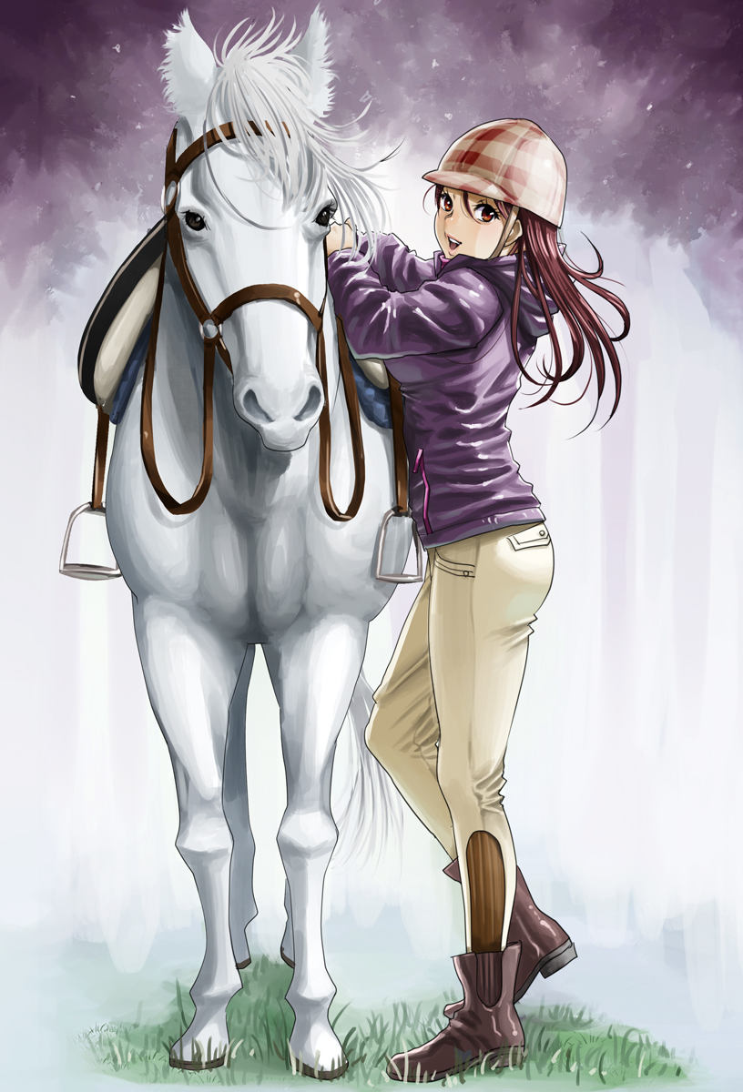 1girl artist_request blush horse looking_at_viewer outside riding tagme