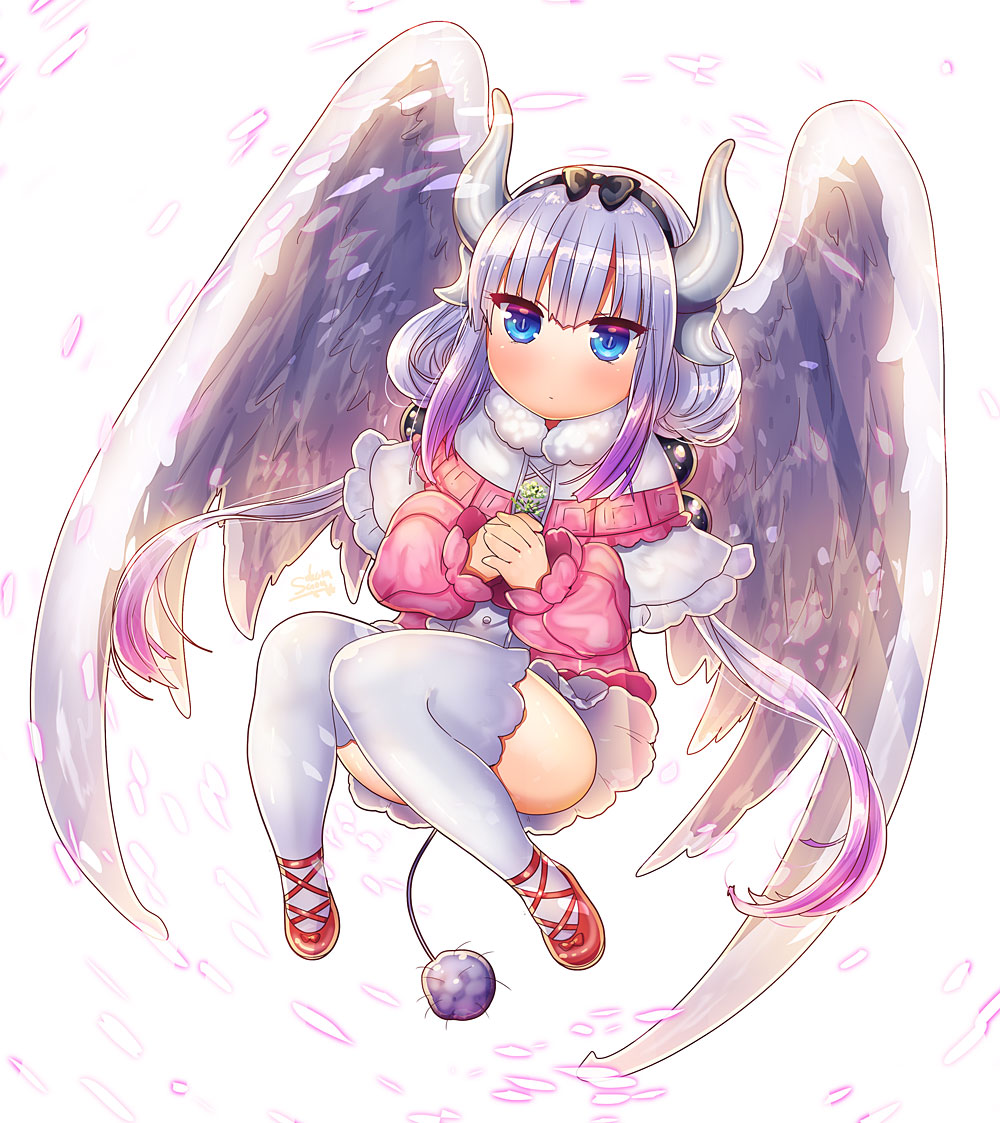 blue_eyes capelet commentary_request dragon_girl dragon_horns dragon_tail dragon_wings feathered_wings flower hair_bobbles hair_ornament hairband holding horns kanna_kamui kobayashi-san_chi_no_maidragon looking_at_viewer petals silver_hair simple_background slit_pupils solo suou_sakura tail thighhighs twintails white_background white_legwear wings