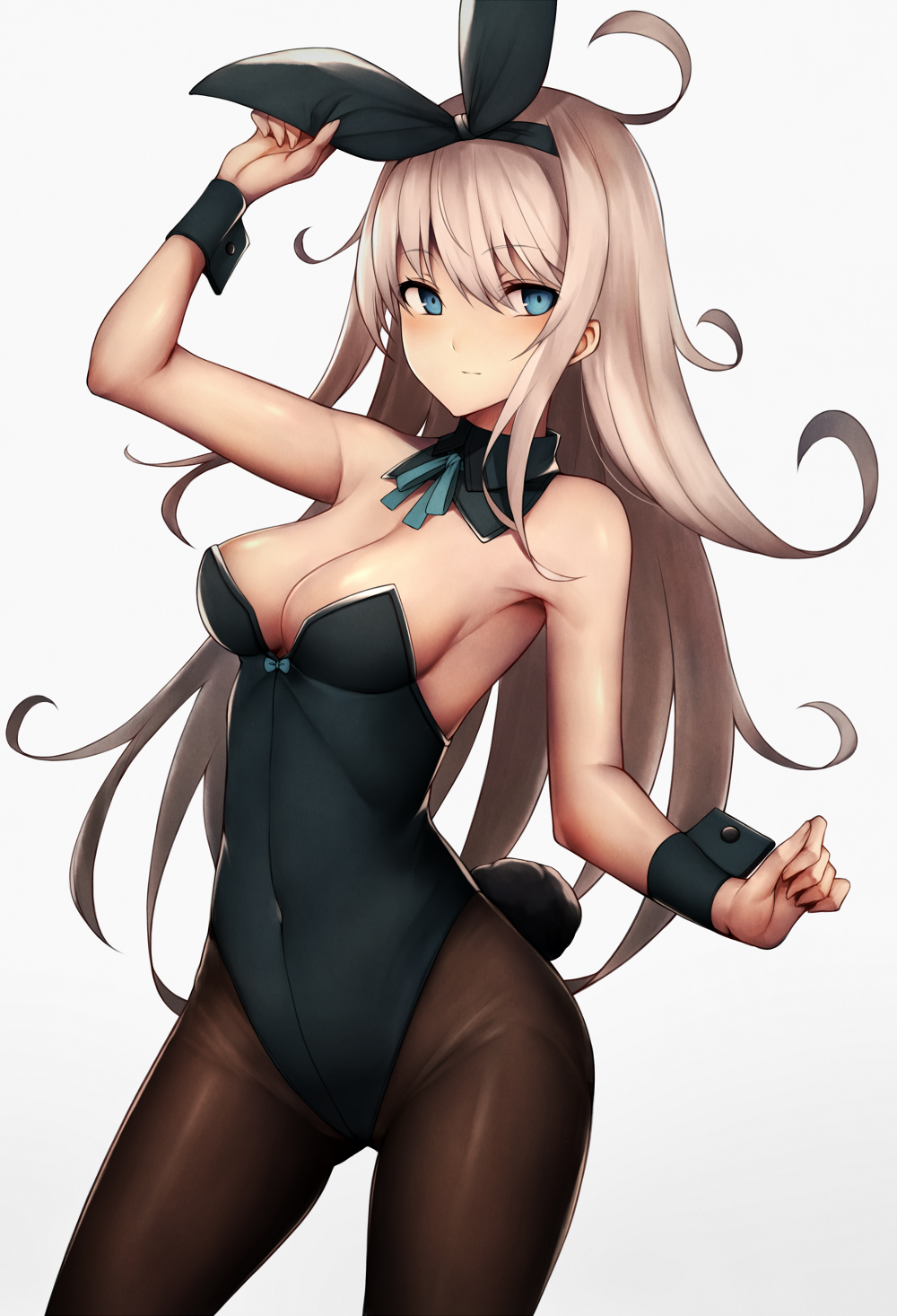 animal_ears arm_up bad_id bad_pixiv_id bangs bare_shoulders black_bow black_hairband black_legwear black_leotard blonde_hair blue_eyes bow breasts bunny_ears bunny_tail bunnysuit cleavage closed_mouth commentary covered_navel cowboy_shot curly_hair detached_sleeves eyebrows_visible_through_hair fake_animal_ears grey_background hair_bow hairband highres inaba_sunimi legs_apart leotard long_hair looking_at_viewer medium_breasts original pantyhose simple_background solo standing strapless strapless_leotard tail very_long_hair wrist_cuffs