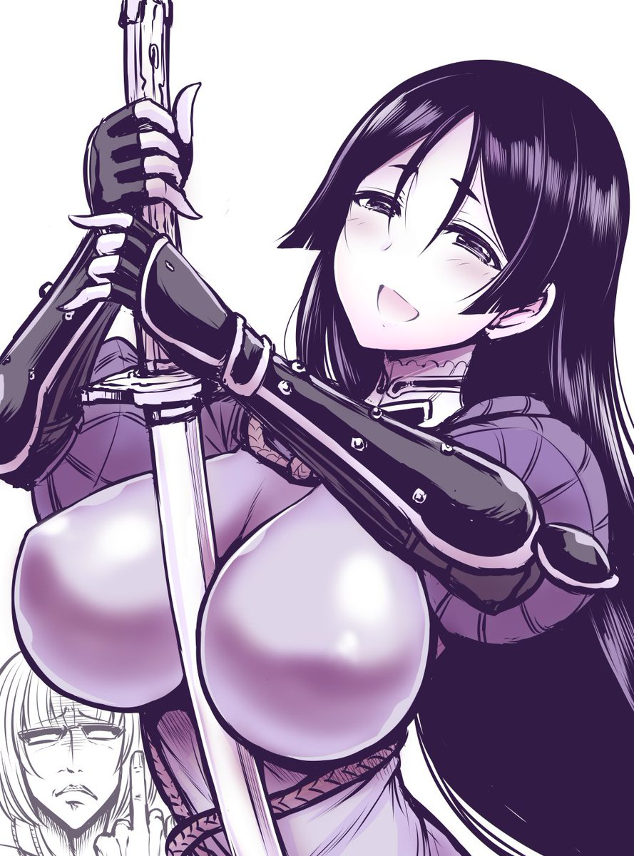 1girl :d between_breasts black_eyes black_gloves black_hair blush bodysuit breasts commentary_request elbow_gloves fate/grand_order fate_(series) fingerless_gloves gloves hair_between_eyes highres holding holding_sword holding_weapon kanno_takanori katana large_breasts long_hair looking_at_viewer middle_finger minamoto_no_raikou_(fate/grand_order) open_mouth purple_bodysuit sakata_kintoki_(fate/grand_order) smile sword upper_body vambraces very_long_hair weapon