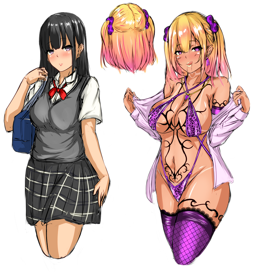 1girl before_and_after bikini black_hair blonde_hair blush breasts comparison dual_persona earrings female ganguro ground_zero heart-shaped_pupils jewelry large_breasts leopard_print licking licking_lips lipstick looking_at_viewer naughty_face navel necklace pink_eyes pink_hair saliva school_uniform skirt solo standing symbol-shaped_pupils tattoo thighhighs tongue tongue_out twintails white_lipstick