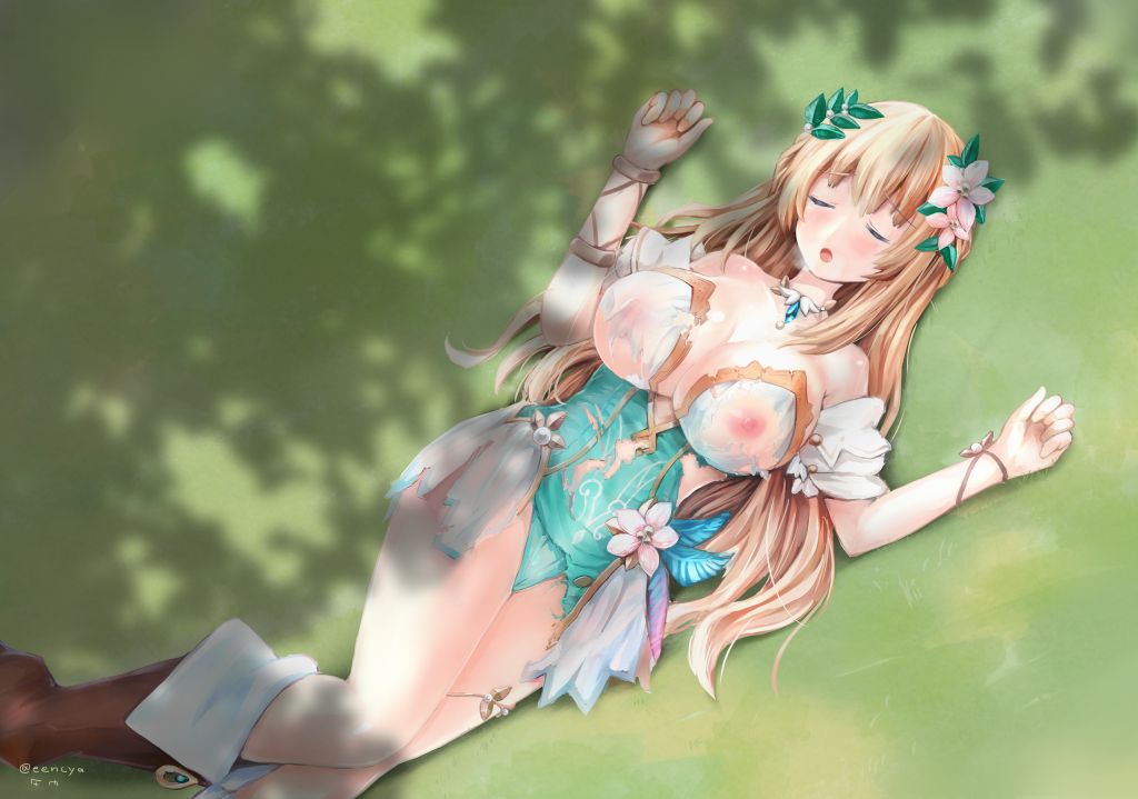 bare_shoulders blonde_hair blush boots bracelet breasts cleavage closed_eyes dress eencya flower four_goddesses_online:_cyber_dimension_neptune from_above green_dress hair_flower hair_ornament jewelry large_breasts long_hair lying neptune_(series) nipples on_back puffy_short_sleeves puffy_sleeves see-through short_sleeves smile solo torn_clothes vert very_long_hair
