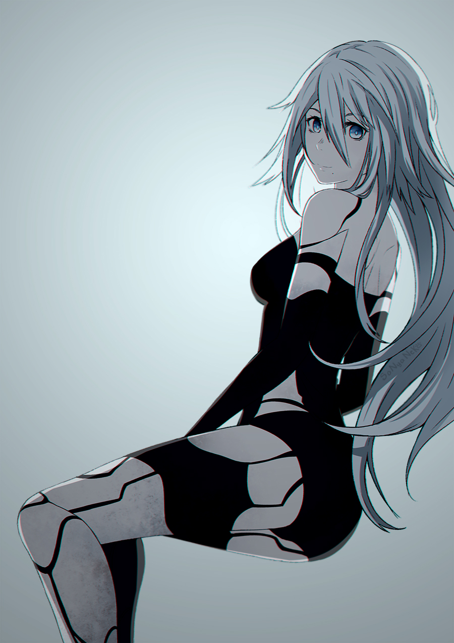 android armlet arms_at_sides bangs bare_shoulders black_gloves black_legwear black_shorts blue_eyes breasts closed_mouth elbow_gloves eyebrows_visible_through_hair feet_out_of_frame from_side gloves hair_between_eyes highres lips looking_at_viewer medium_breasts mole mole_under_mouth nier_(series) nier_automata pink_lips robot_joints short_hair short_shorts shorts silver_hair single_thighhigh sitting sleeveless small_breasts smile solo sonyaneko tank_top thighhighs thighs weapon yorha_type_a_no._2