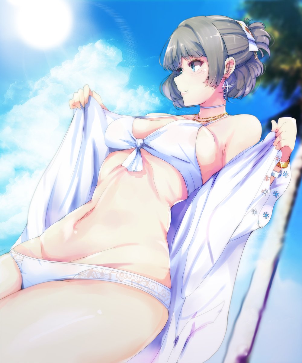 asymmetrical_hair bare_shoulders bikini bikini_under_clothes blue_eyes blush bracelet breasts brown_hair choker cleavage cloud cloudy_sky commentary_request day dress earrings front-tie_bikini front-tie_top green_eyes heterochromia highres hips idolmaster idolmaster_cinderella_girls jewelry lens_flare looking_to_the_side medium_breasts mole mole_under_eye navel off_shoulder open_clothes open_dress palm_tree ryuu. short_hair short_ponytail sky smile solo sun sunlight swimsuit takagaki_kaede tied_hair tree white_bikini white_choker white_dress