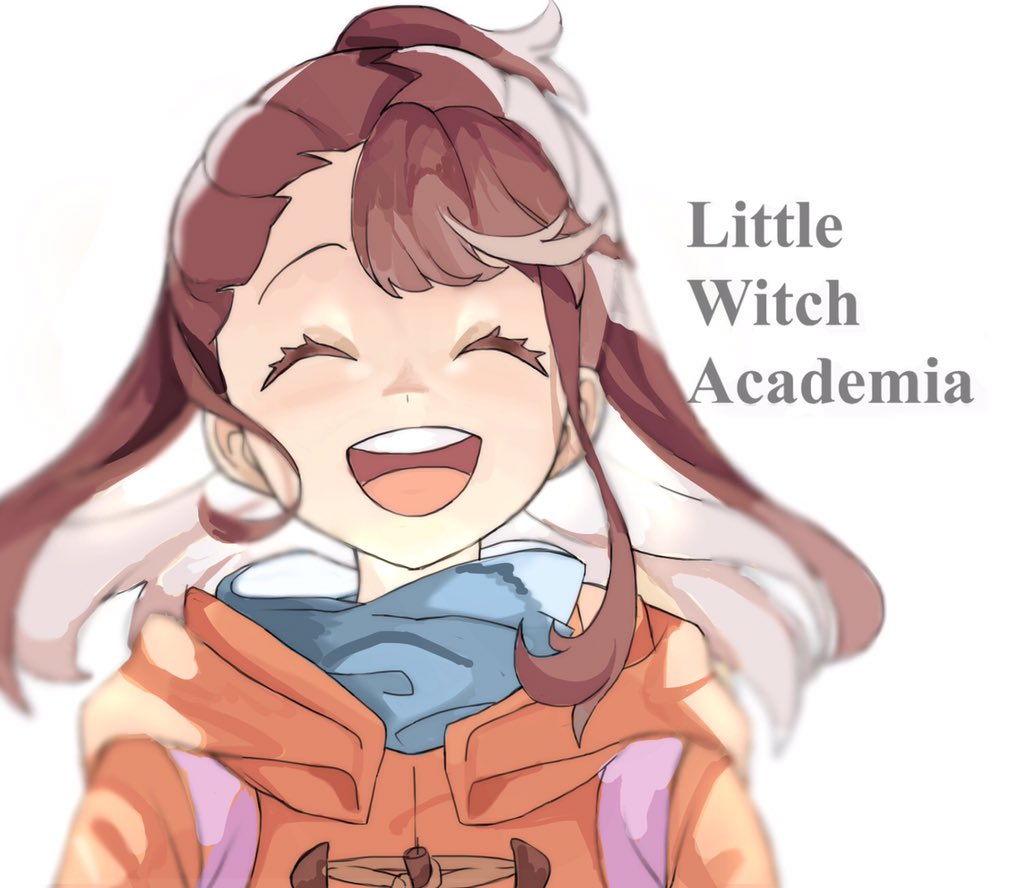 ^_^ ^o^ bangs blue_scarf brown_hair closed_eyes face happy jacket kagari_atsuko little_witch_academia open_mouth round_teeth scarf sidelocks simple_background smile solo teeth text_focus upper_body white_background zjz4s