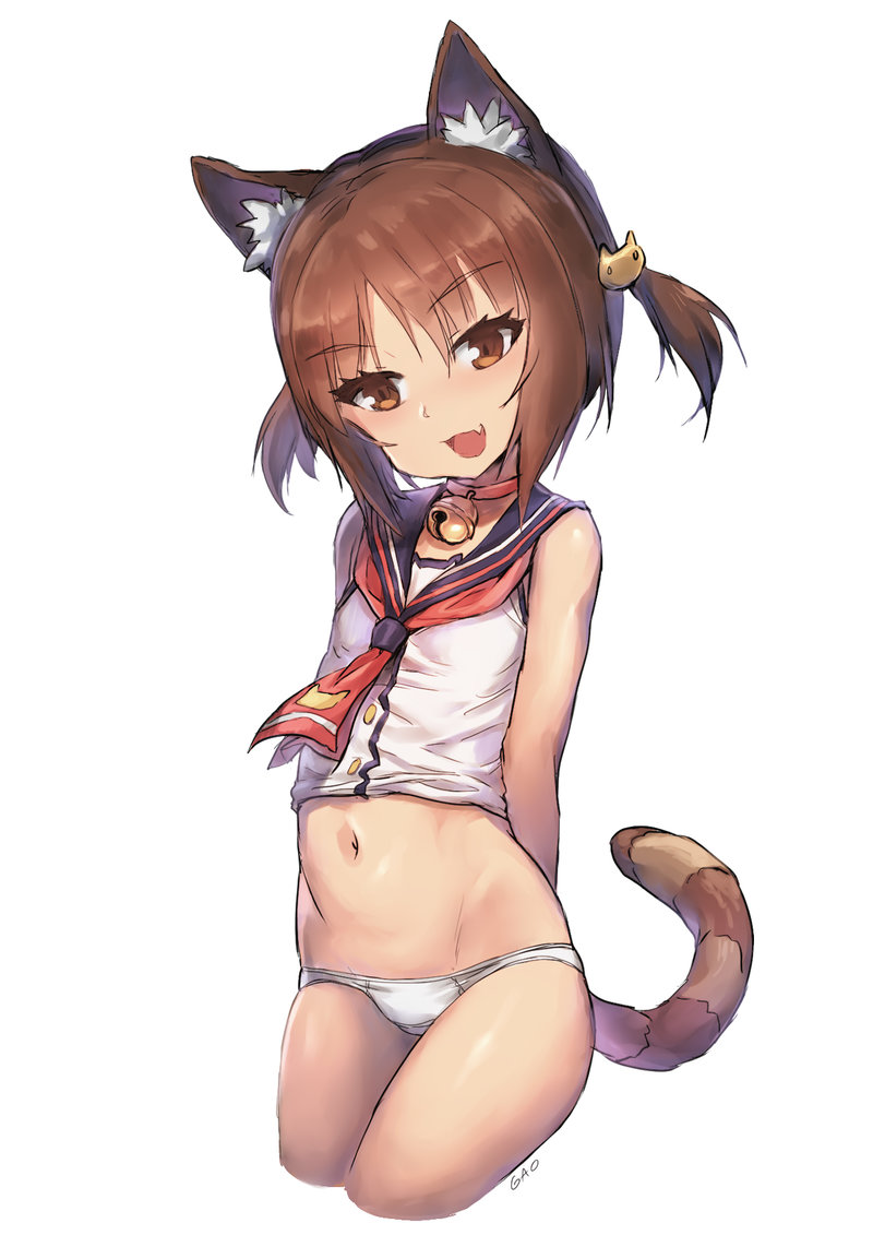 :d animal_ears arms_behind_back artist_name azuki_(sayori) bare_arms bare_shoulders bell bell_choker blue_sailor_collar bottomless breasts brown_eyes brown_hair buttons cat_ears cat_girl cat_hair_ornament cat_tail choker cowboy_shot cropped_legs eyebrows_visible_through_hair fang gao_(gaolukchup) groin hair_ornament jingle_bell looking_at_viewer navel neckerchief nekopara no_pants open_mouth panties red_choker red_neckwear sailor_collar shirt short_hair simple_background sleeveless sleeveless_shirt small_breasts smile solo standing stomach striped_tail tail two_side_up underwear white_background white_panties white_shirt