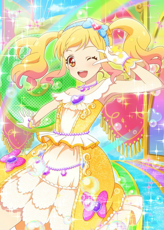 aikatsu!_(series) aikatsu!_photo_on_stage!! aikatsu_stars! blonde_hair blue_bow bow brown_eyes bubble dress frills gem gloves headband heart heart-shaped_gem heart_bow heart_bubbles jewelry lace multicolored_hair necklace nijino_yume one_eye_closed open_mouth pink_bow rainbow smile sparkle twintails v yellow_dress