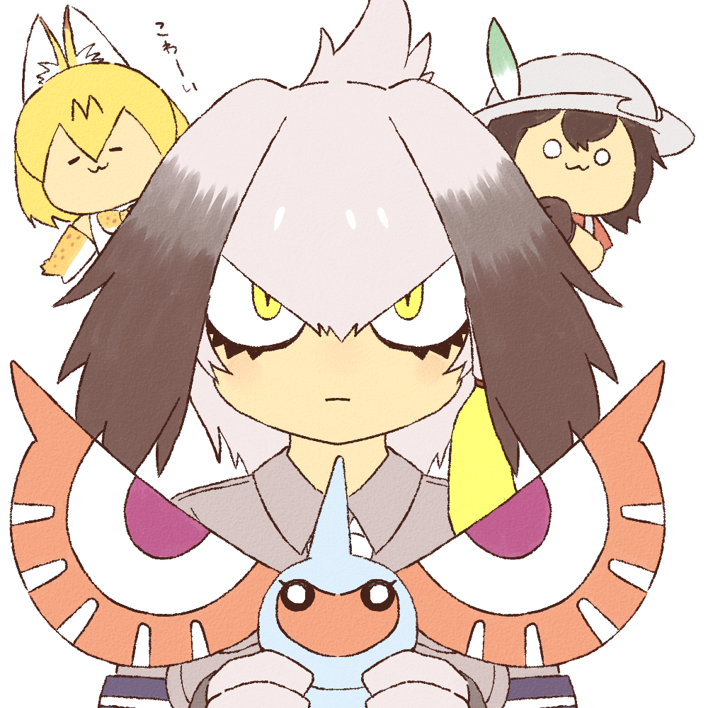 :3 :| animal_ears bangs black_gloves black_hair blonde_hair bodystocking bow bowtie chibi closed_eyes closed_mouth collared_shirt commentary_request crossover elbow_gloves expressionless eyes fingerless_gloves gen_3_pokemon gloves grey_hair grey_shirt hair_between_eyes hat helmet holding horn kaban_(kemono_friends) kemono_friends long_hair looking_at_viewer low_ponytail masquerain multicolored_hair multiple_girls necktie niwma_(myriad_revery) no_nose o_o pith_helmet pokemon pokemon_(creature) red_shirt serval_(kemono_friends) serval_ears serval_print shirt shoebill_(kemono_friends) short_hair short_sleeves side_ponytail simple_background sleeveless sleeveless_shirt slit_pupils smile staring trait_connection white_background white_neckwear wing_collar yellow_eyes