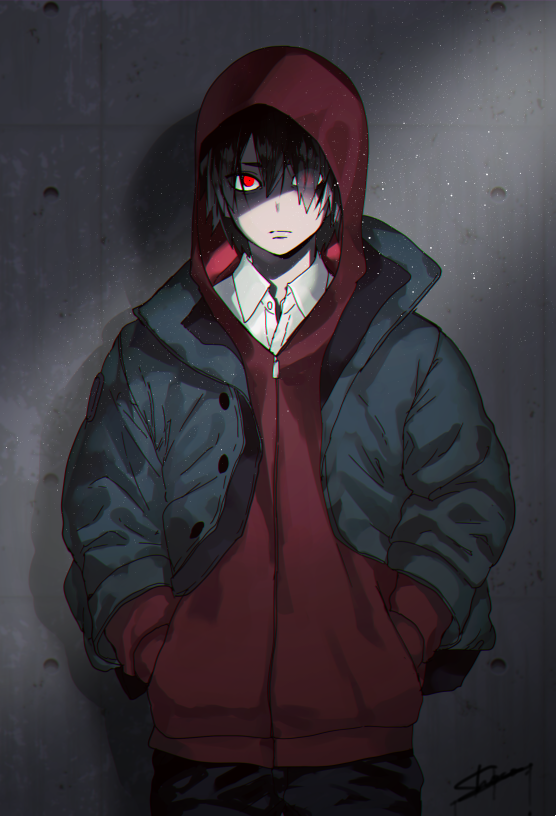 boku_no_hero_academia casual collared_shirt commentary expressionless glowing glowing_eyes hair_over_one_eye hands_in_pockets hood hoodie jacket kirishima_eijirou looking_at_viewer male_focus open_clothes open_jacket pants red_eyes red_hoodie shirt shoco_(sco_labo) solo spiked_hair