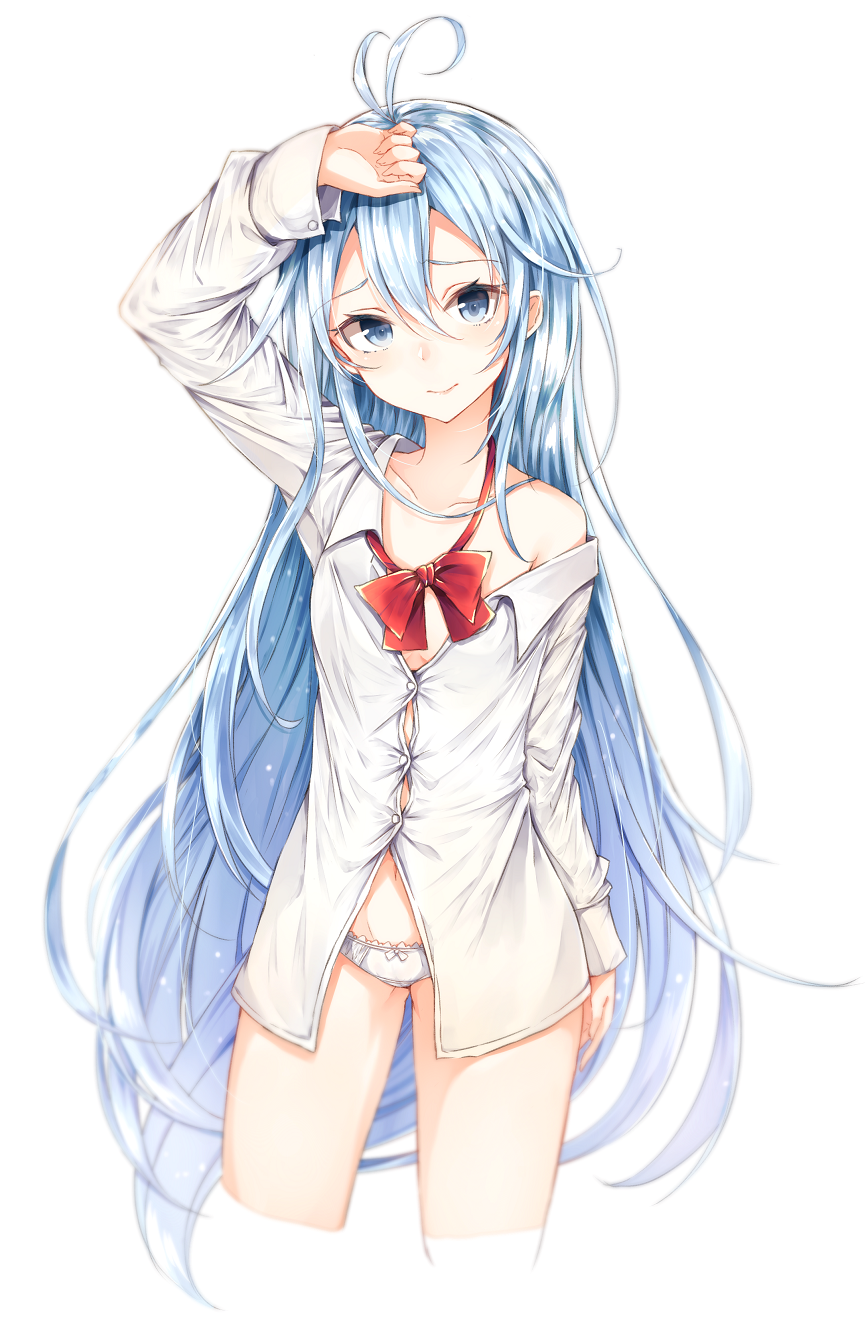 antenna_hair arm_at_side bad_id bad_tumblr_id blue_eyes blue_hair bow bowtie buttons closed_mouth collarbone cowboy_shot cropped_legs denpa_onna_to_seishun_otoko flat_chest hair_between_eyes hand_on_forehead head_tilt highres long_hair long_sleeves navel neko_sensha off_shoulder panties red_bow red_neckwear shirt simple_background smile solo standing touwa_erio underwear very_long_hair white_background white_panties white_shirt