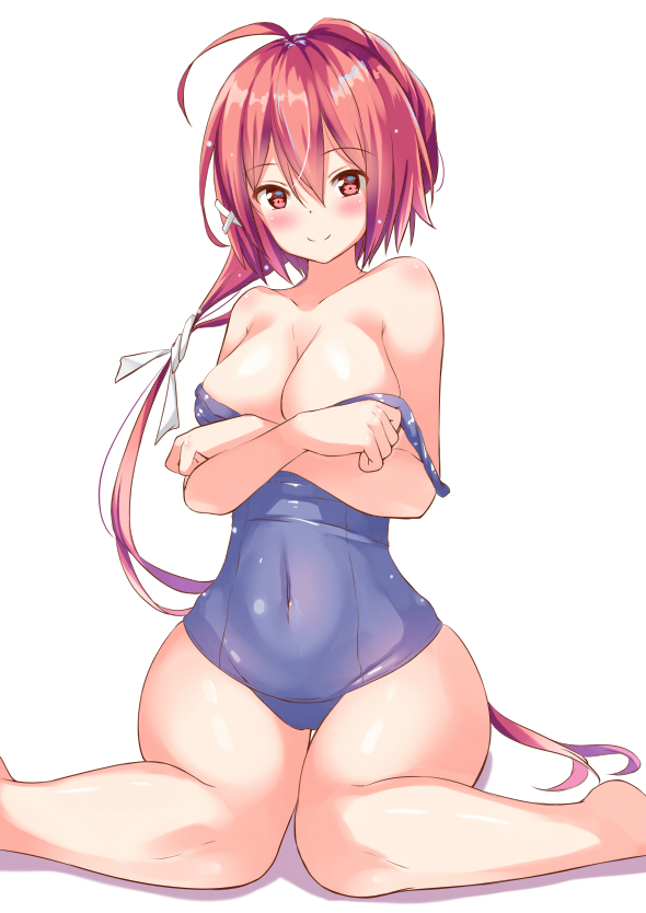 ahoge bare_arms bare_legs bare_shoulders breasts hair_between_eyes i-168_(kantai_collection) kantai_collection large_breasts long_hair one-piece_swimsuit ponytail red_eyes red_hair school_swimsuit simple_background smile solo swimsuit very_long_hair white_background yukishiro_arute
