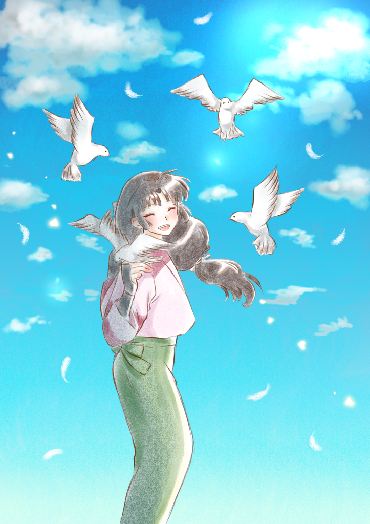 arm_guards bird black_hair closed_eyes cloud cloudy_sky cowboy_shot day dove feathers fingerless_gloves gloves inuyasha japanese_clothes kimono long_hair low-tied_long_hair open_mouth sango skirt sky smile solo tsubuankopan