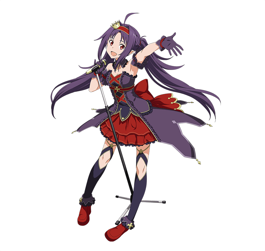 :d ahoge arm_strap black_legwear crown dress floating_hair full_body gloves hairband holding holding_microphone layered_dress long_hair looking_at_viewer microphone microphone_stand mini_crown official_art open_mouth pointy_ears purple_gloves purple_hair red_dress red_eyes red_hairband red_ribbon ribbon smile solo standing sword_art_online sword_art_online:_code_register thighhighs transparent_background twintails very_long_hair wrist_ribbon yuuki_(sao)