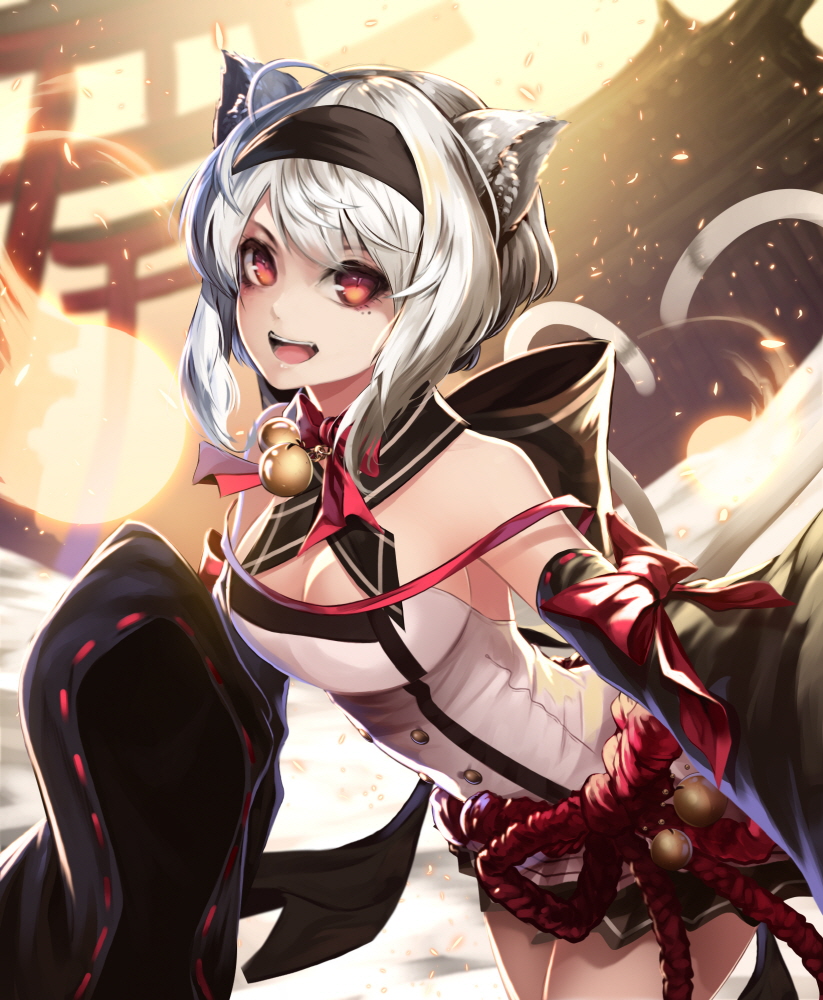animal_ears bad_id bad_pixiv_id bare_shoulders bell blush breasts cat_ears cat_tail cleavage hairband large_breasts leaning_forward looking_at_viewer open_mouth original red_eyes short_hair silver_hair smile solo soya_(torga) tail