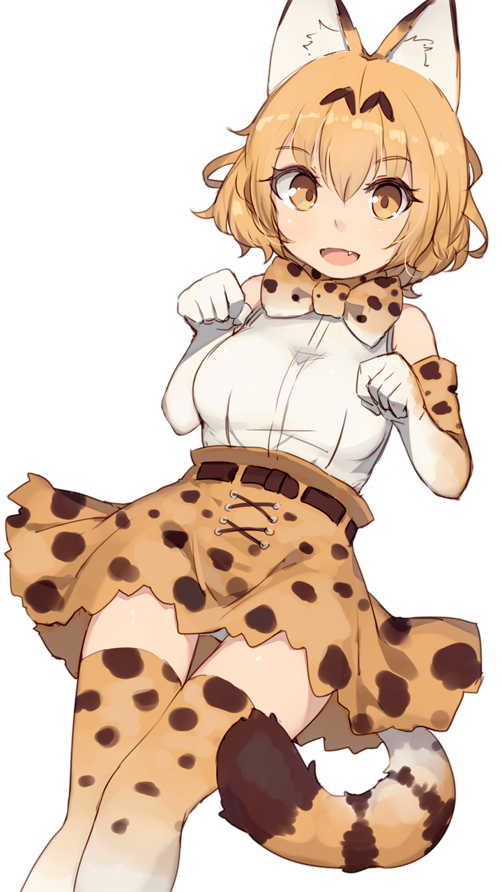 :d animal_ear_fluff animal_ears bare_shoulders blonde_hair elbow_gloves eyebrows_visible_through_hair fang gloves hair_between_eyes high-waist_skirt highres kemono_friends looking_at_viewer open_mouth panties pantyshot paw_pose print_gloves print_legwear print_neckwear print_skirt serval_(kemono_friends) serval_ears serval_print serval_tail shirt shone short_hair simple_background skirt sleeveless sleeveless_shirt smile solo striped_tail tail thighhighs underwear white_background white_panties white_shirt yellow_eyes