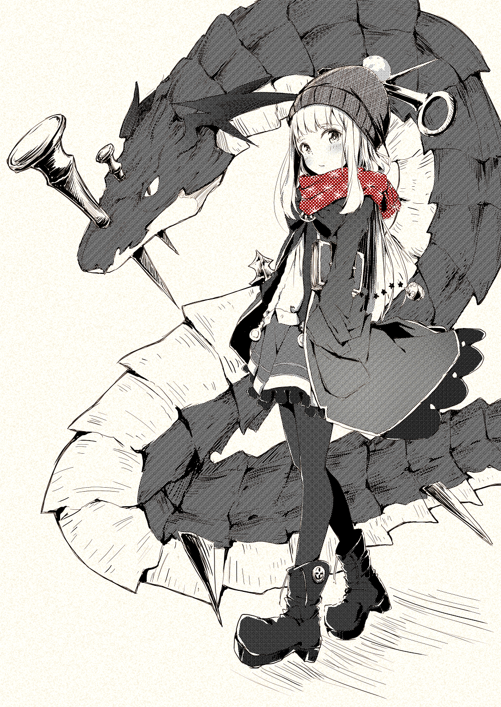 ankle_boots bad_id bad_tumblr_id blush bobblehat book boots bow bowtie cagliostro_(granblue_fantasy) dragon full_body granblue_fantasy hand_in_pocket hat highres jacket long_hair long_sleeves looking_at_viewer neko_sensha open_clothes open_jacket ouroboros_(granblue_fantasy) pantyhose red_scarf scarf sidelocks simple_background skirt spot_color yellow_background