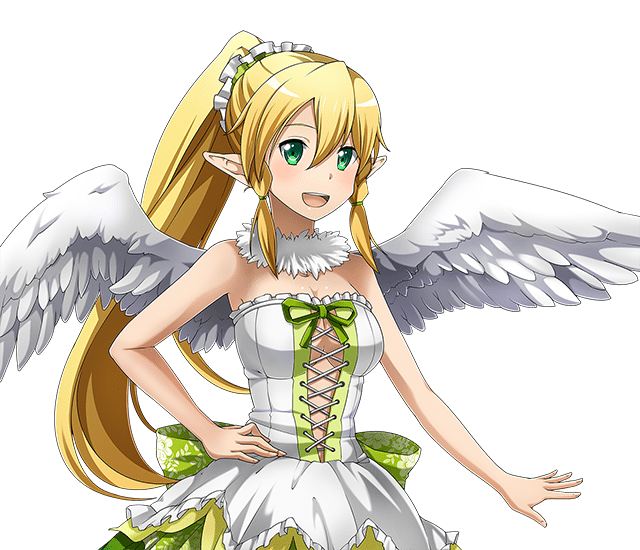 :d angel_wings blonde_hair braid breasts choker cleavage dress feathered_wings hair_between_eyes hair_ornament hand_on_hip high_ponytail large_breasts leafa long_hair looking_at_viewer official_art open_mouth pointy_ears sleeveless sleeveless_dress smile solo standing strapless strapless_dress sword_art_online sword_art_online:_code_register transparent_background twin_braids upper_body white_wings wings