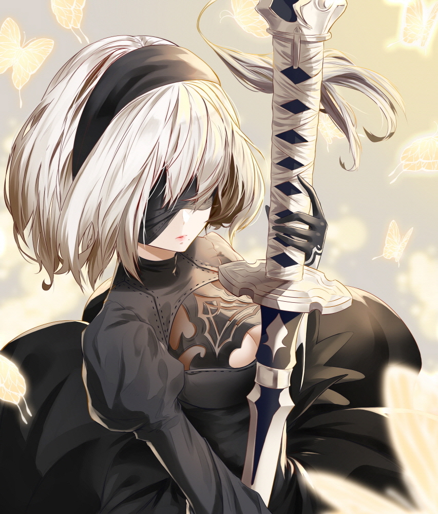 bad_id bad_pixiv_id black_dress black_gloves black_hairband blindfold breasts bug butterfly cleavage cleavage_cutout closed_mouth dress gloves hair_over_eyes hairband holding holding_sword holding_weapon insect juliet_sleeves katana lips long_sleeves makeup medium_breasts mole mole_under_mouth nier_(series) nier_automata pink_lips puffy_sleeves revision short_hair silver_hair solo soya_(torga) stitches sword tassel turtleneck upper_body vambraces weapon white_hair yorha_no._2_type_b