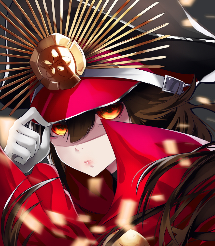 adjusting_clothes adjusting_hat bad_id bad_pixiv_id black_hair black_hat close-up fate/grand_order fate_(series) gloves hair_between_eyes hat long_hair looking_at_viewer oda_nobunaga_(fate) red_eyes solo soya_(torga) upper_body white_gloves