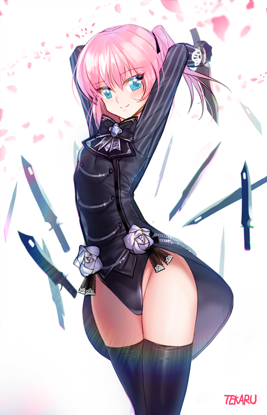 black_gloves blue_eyes blush breasts closers cowboy_shot gloves highres knife leotard looking_at_viewer pink_hair seulbi_lee short_hair side_ponytail small_breasts smile solo tekaru thighhighs