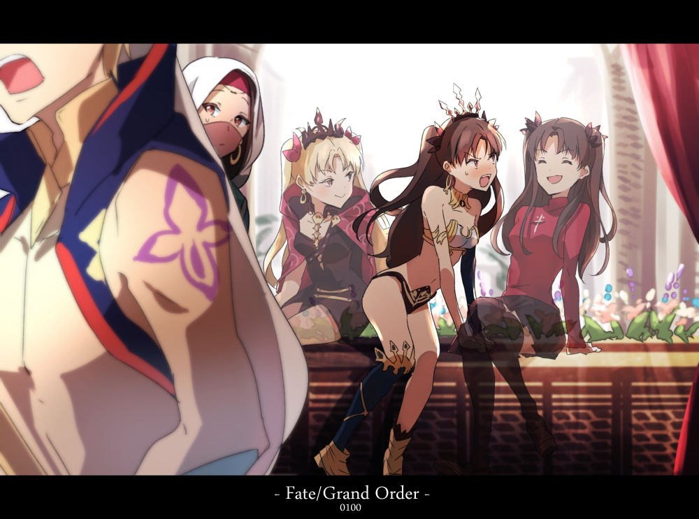 4girls arabian_clothes black_hair blonde_hair blush cape closed_eyes commentary_request crown earrings ereshkigal_(fate/grand_order) fate/grand_order fate/stay_night fate_(series) gilgamesh gilgamesh_(caster)_(fate) hair_ribbon hoop_earrings ishtar_(fate/grand_order) jewelry long_hair long_legs multiple_girls open_mouth red_cape red_eyes red_ribbon ribbon siblings siduri_(fate/grand_order) sisters skull smile tiara toosaka_rin transparent twintails zeromomo