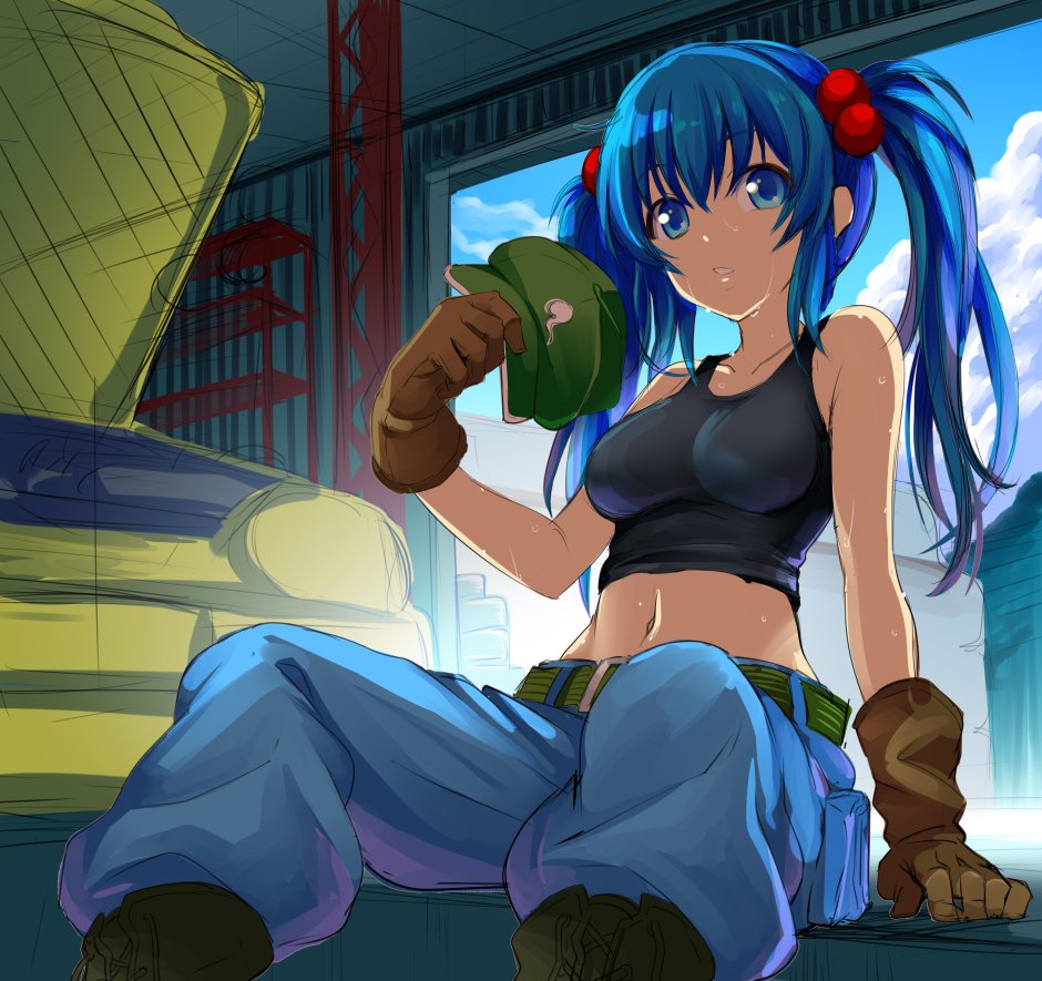 alternate_hair_length alternate_hairstyle arm_support bangs bare_arms bare_shoulders belt black_footwear blue_eyes blue_hair blue_pants blush boots breasts brown_gloves cloud collarbone commentary_request cross-laced_footwear day garage gloves hair_bobbles hair_ornament hat hat_removed headwear_removed hijikawa_arashi kawashiro_nitori lace-up_boots long_hair looking_at_viewer medium_breasts midriff navel pants parted_lips pocket sidelocks sitting solo stomach sweat tank_top touhou twintails