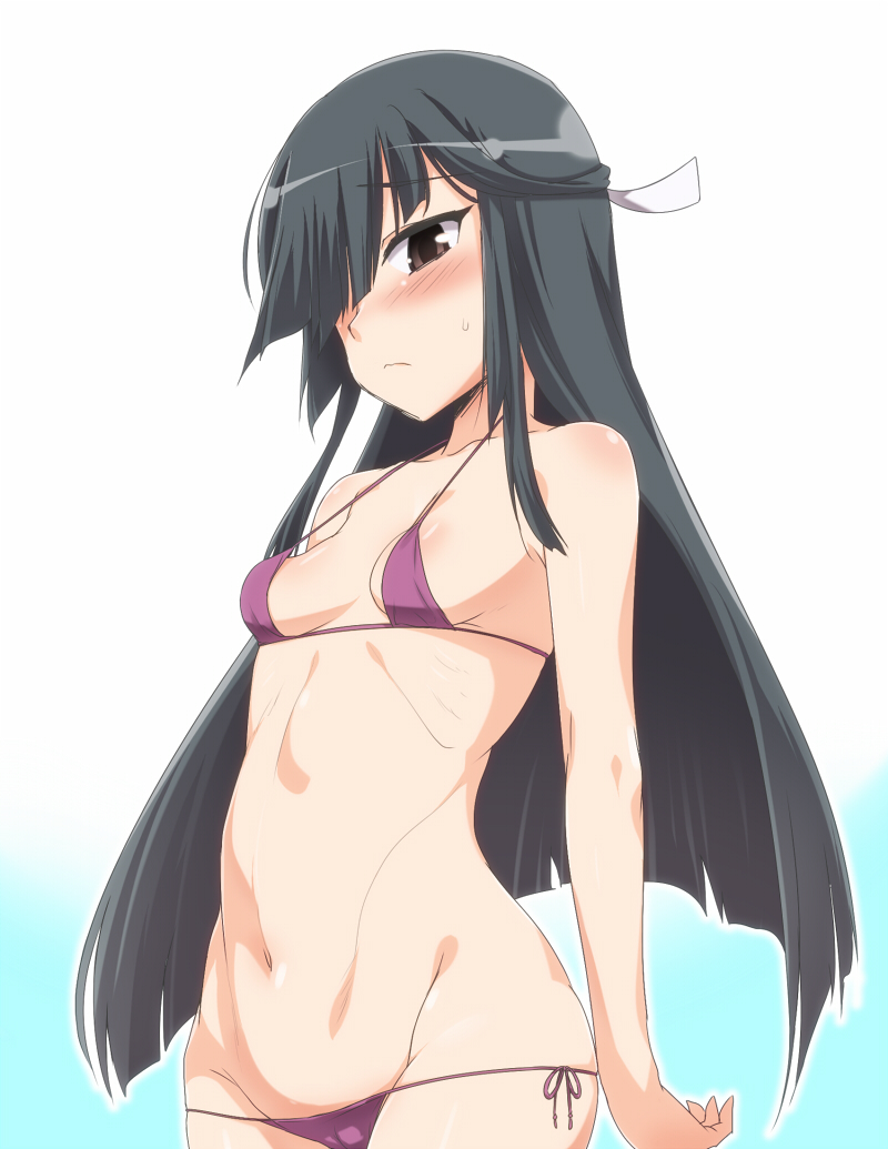bare_arms bare_shoulders bikini black_hair blush breasts collarbone commentary_request embarrassed frown hair_over_one_eye hair_ribbon halterneck hayashimo_(kantai_collection) kantai_collection long_hair looking_at_viewer micro_bikini navel panties purple_bikini purple_ribbon ribbon side-tie_bikini side-tie_panties sidelocks small_breasts solo stomach straight_hair strap_gap sweat sweatdrop swimsuit two-tone_background underwear upper_body white_background yoshi_tama