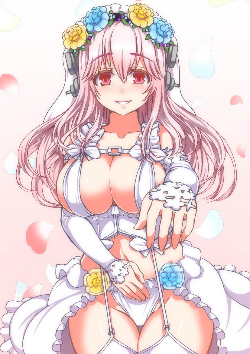 bare_shoulders blush breasts bridal_veil bride cleavage commentary_request deni_m dress headphones large_breasts long_hair looking_at_viewer navel nitroplus pink_eyes pink_hair smile solo super_sonico veil wedding_dress